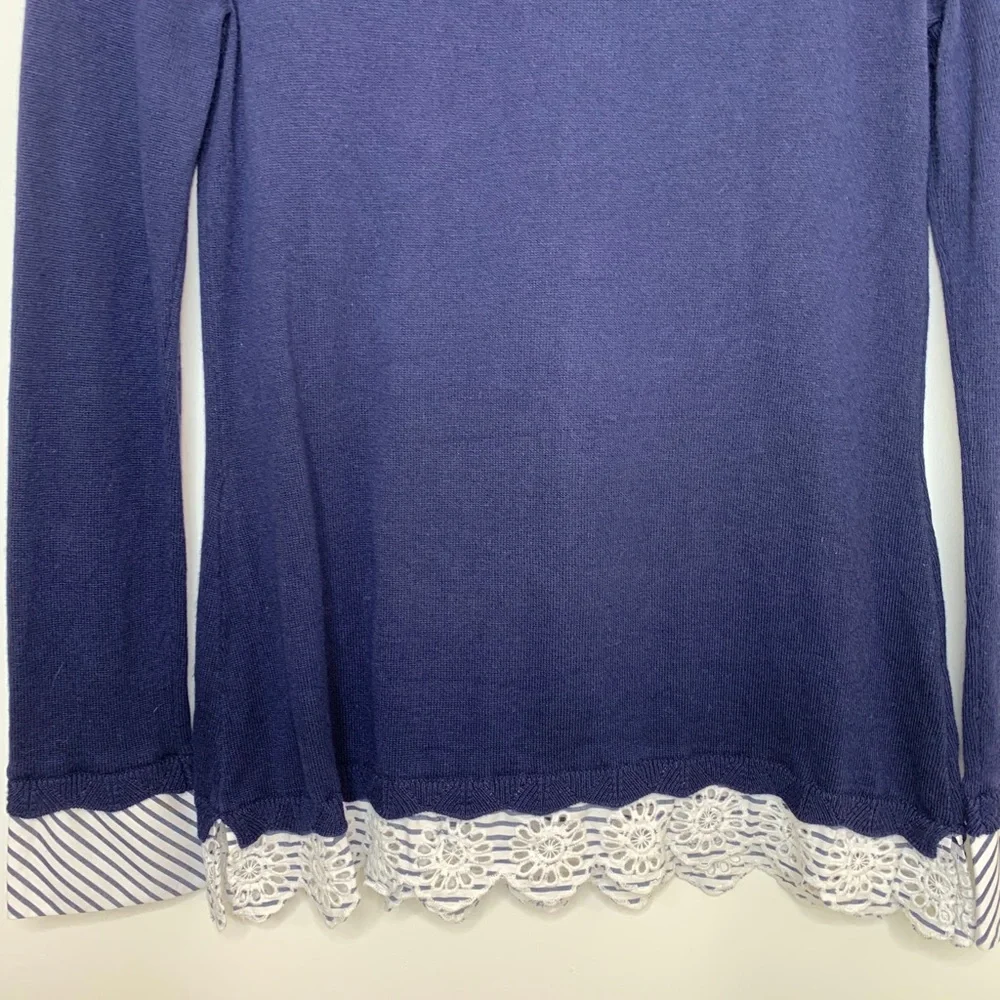 White House Black Market Navy Sweater With Stripe Trim Nautical Size XS 10% Silk